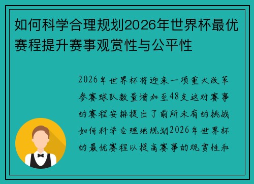 如何科学合理规划2026年世界杯最优赛程提升赛事观赏性与公平性 如何科学合理规划2026年世界杯最优赛程提升赛事观赏性与公平性